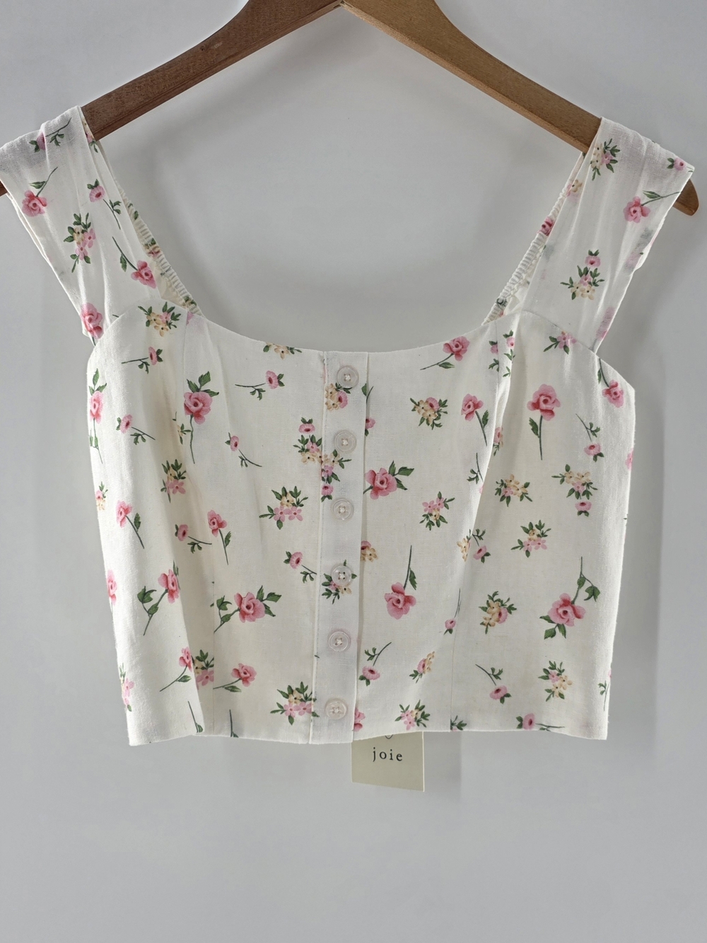 Joie Cream W/Floral Cropped Top Wide Straps Linen Blend Sleeveless Size Small